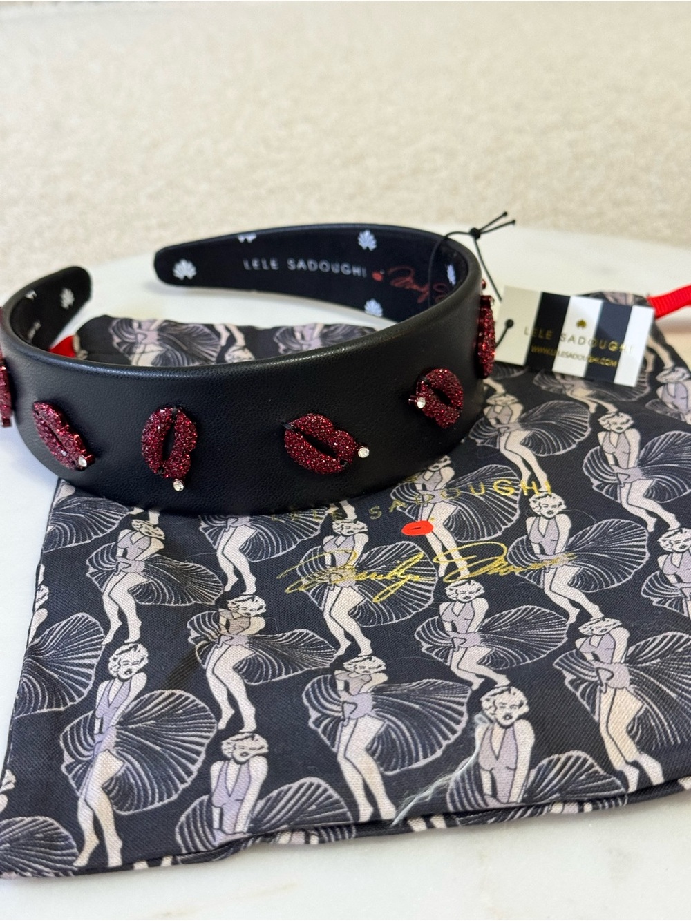 Lele Sadoughi x Marilyn Monroe Leather Headband w/Glitter Lip Appliqués